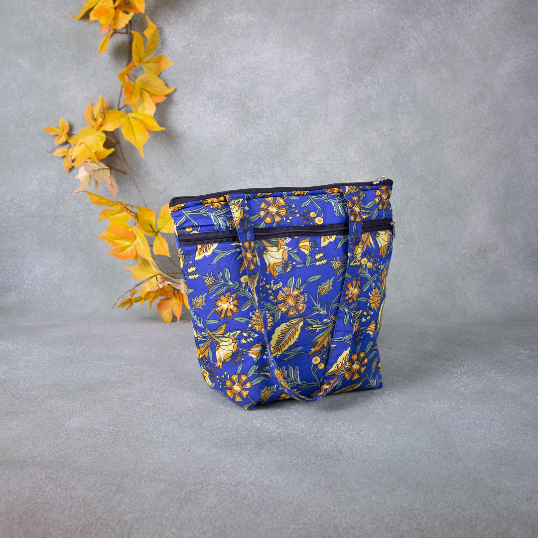 Medium Size Handbag Blue with Yellow Leaf Design.