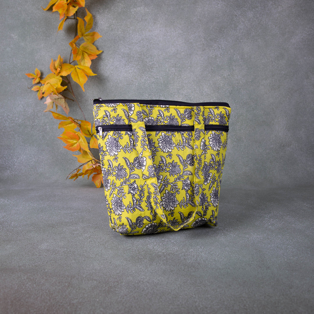 Medium Size Handbag Yellow with Grey Colour Flower Design.