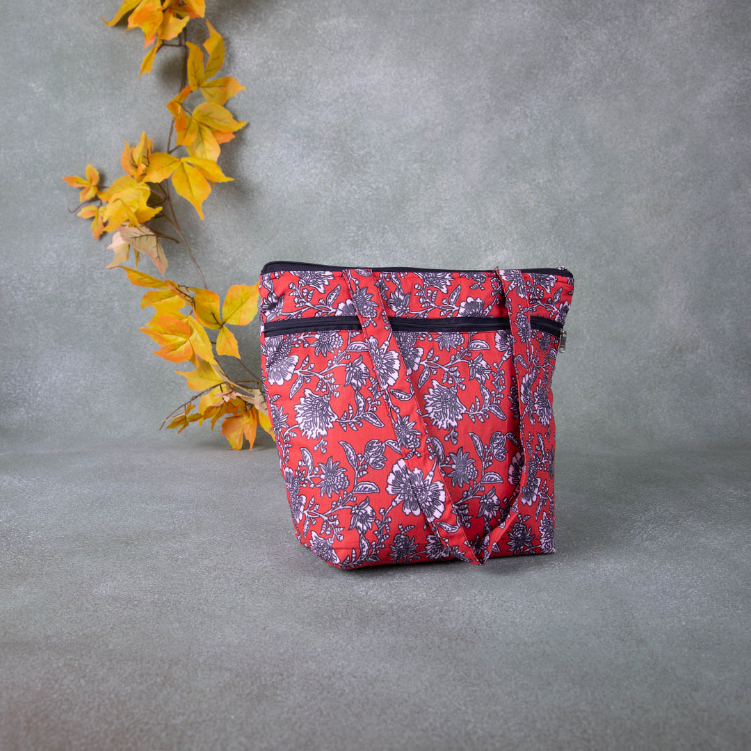 Medium Size Handbag Red Colour with Grey Colour Flower Design.