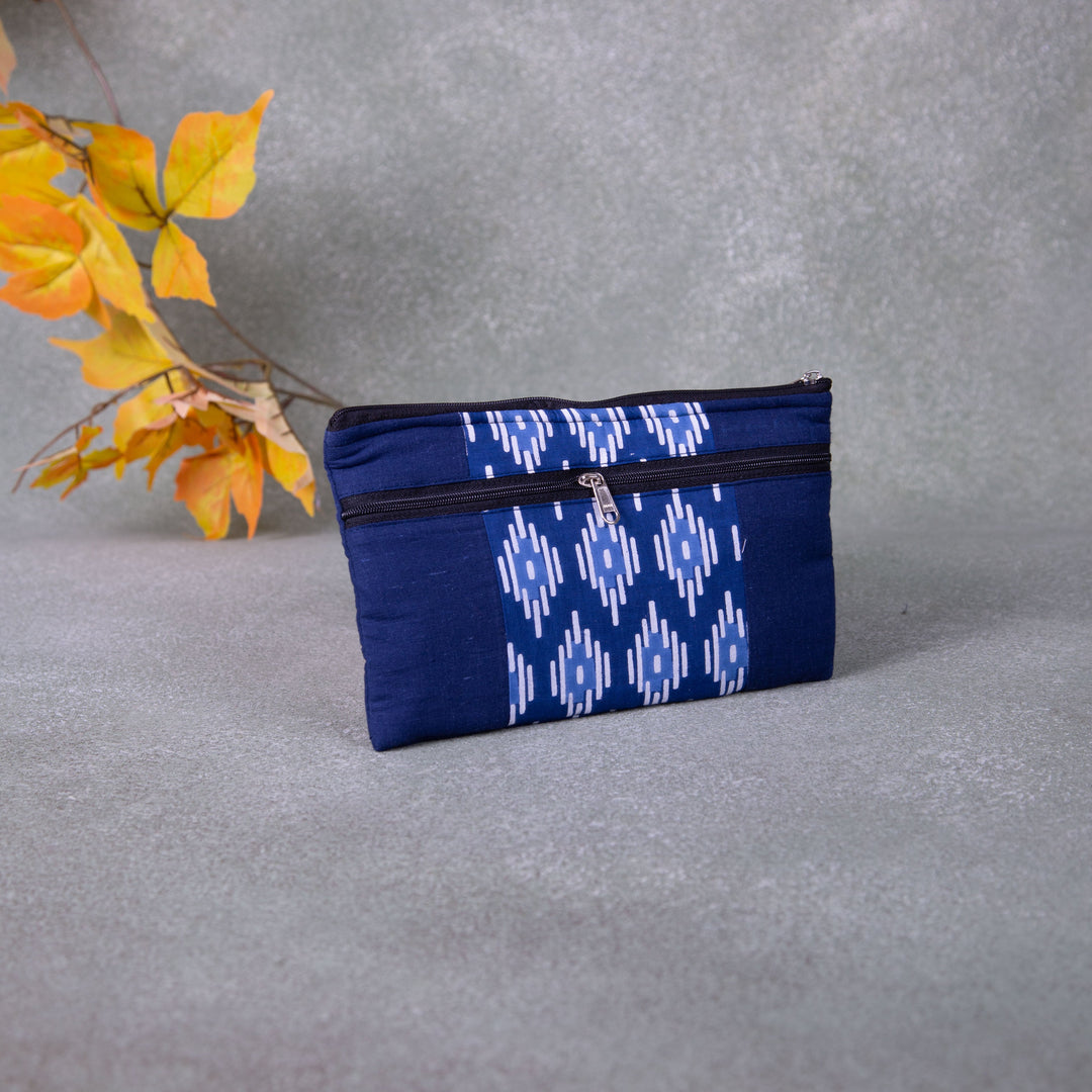 Cotton Multizip Purse Navy Blue with White Prints