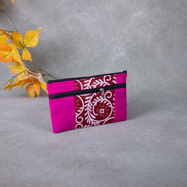 Cotton Multizip Purse Pink with Maroon Prints