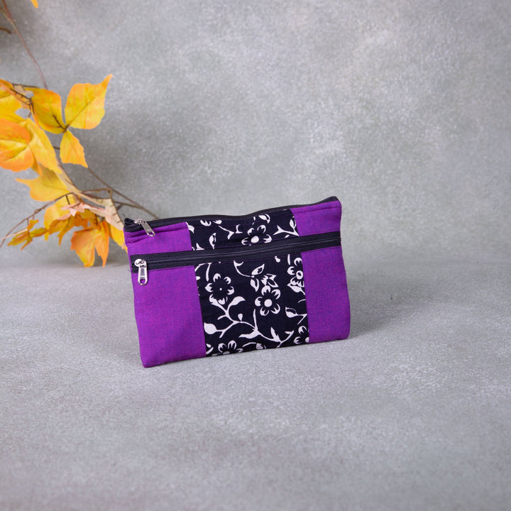 Cotton Multizip Purse Violet with Black Prints