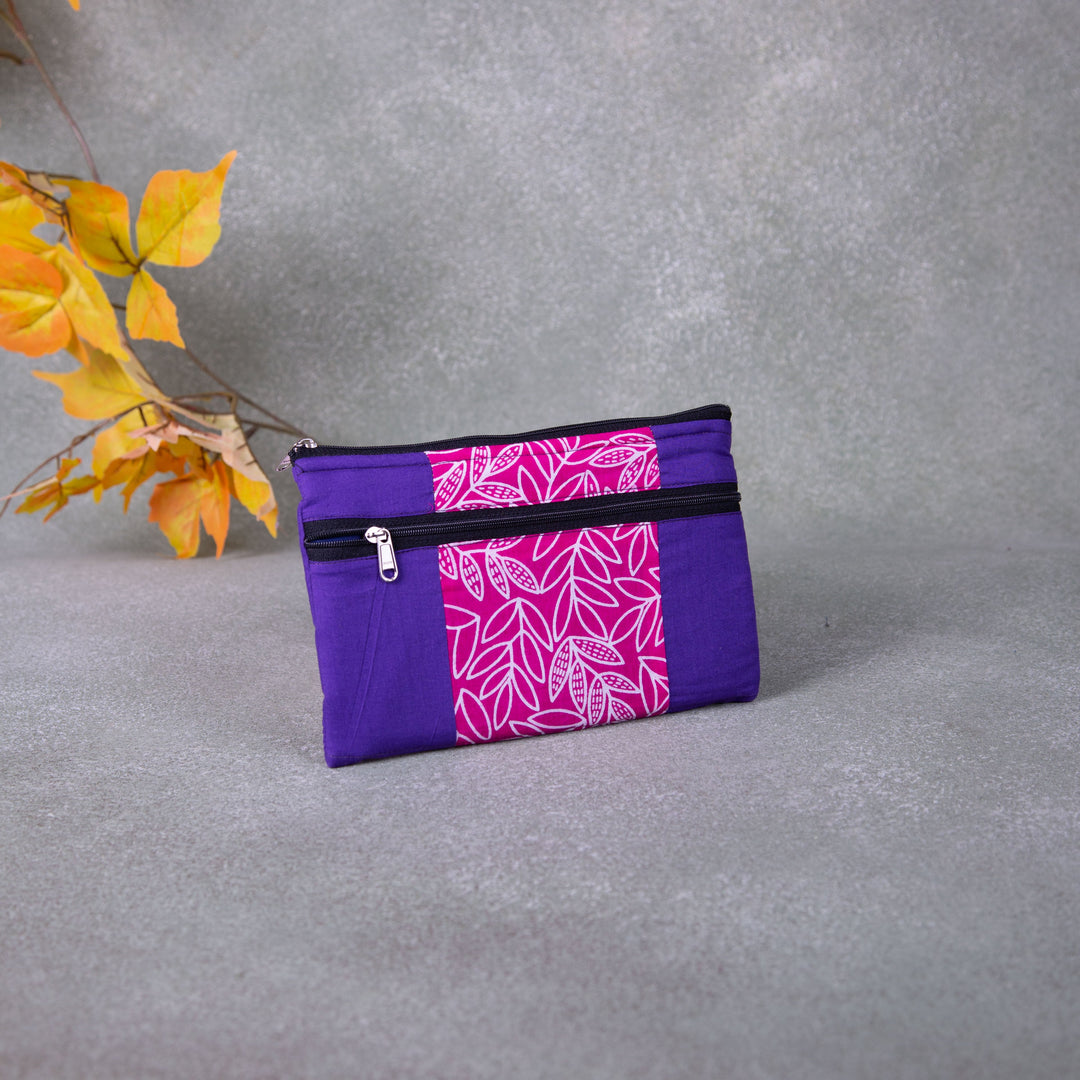 Cotton Multizip Purse Violet with Pink Prints