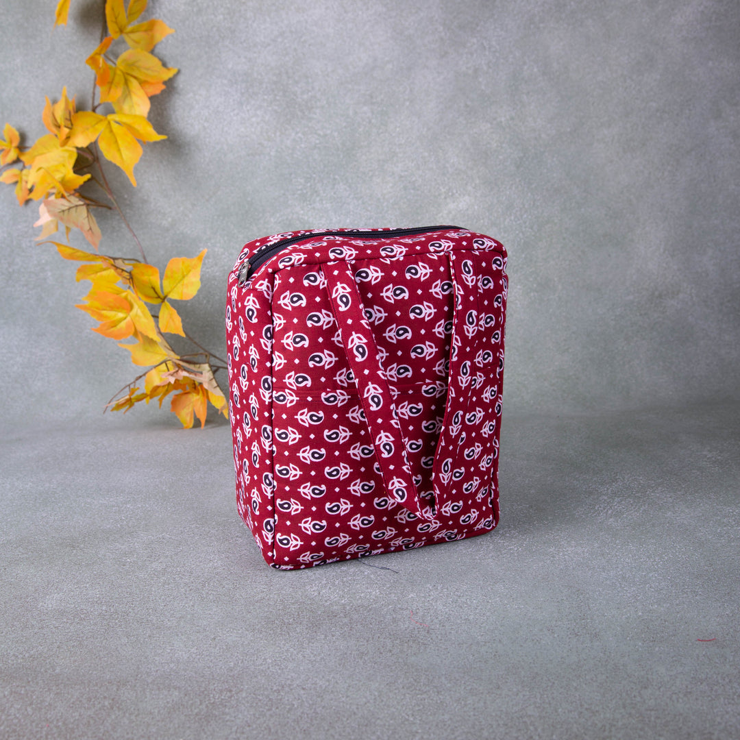 Water Proof Cotton Lunch Bag Maroon Colour with Small Mango Prints.