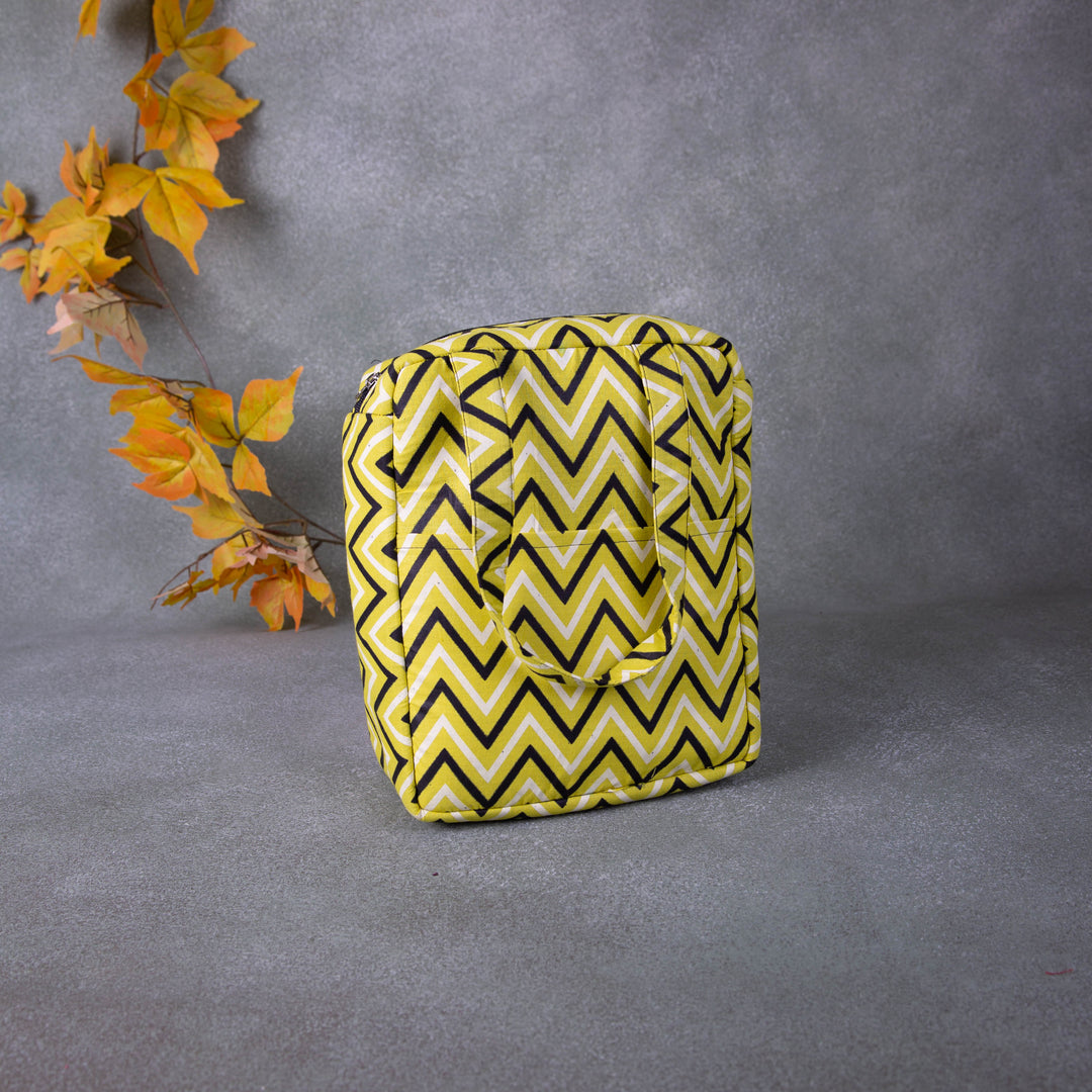 Water Proof Cotton Lunch Bag Yellow with Black Colour Zig Zag Design.