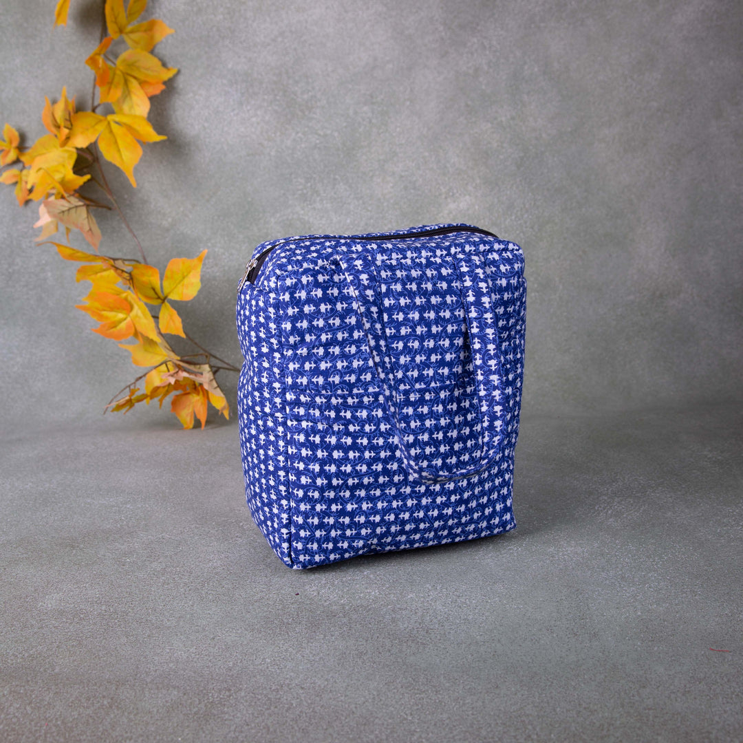 Water Proof Cotton Lunch Bag Blue with White Small Flower Design.