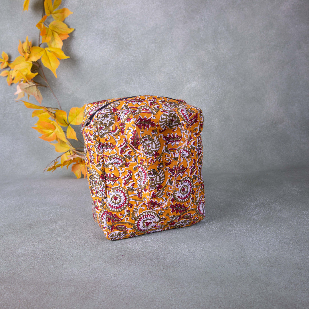 Water Proof Cotton Lunch Bag Mustered with Brown Flower Design.