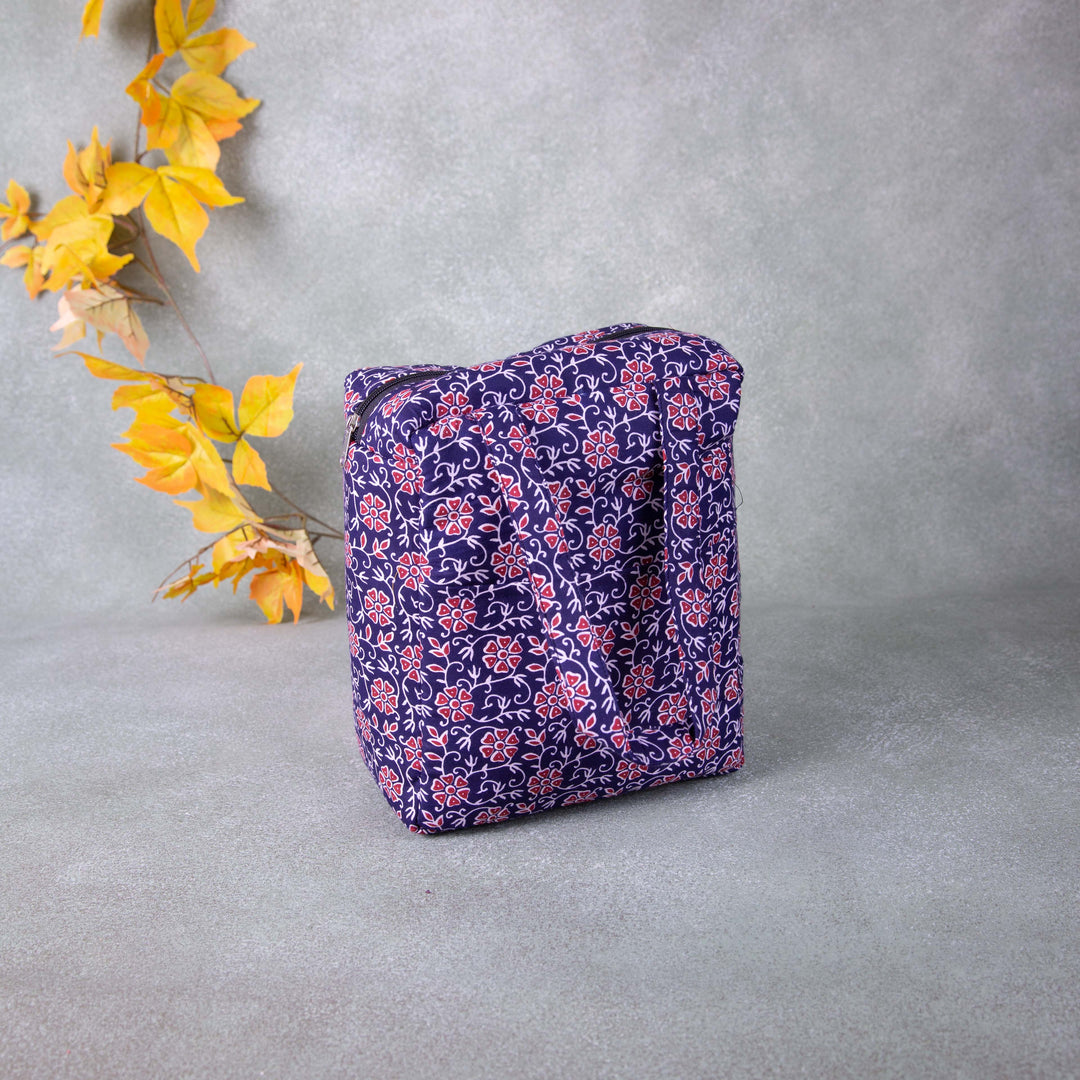 Water Proof Cotton Lunch Bag Blue with Pink Flower Design.