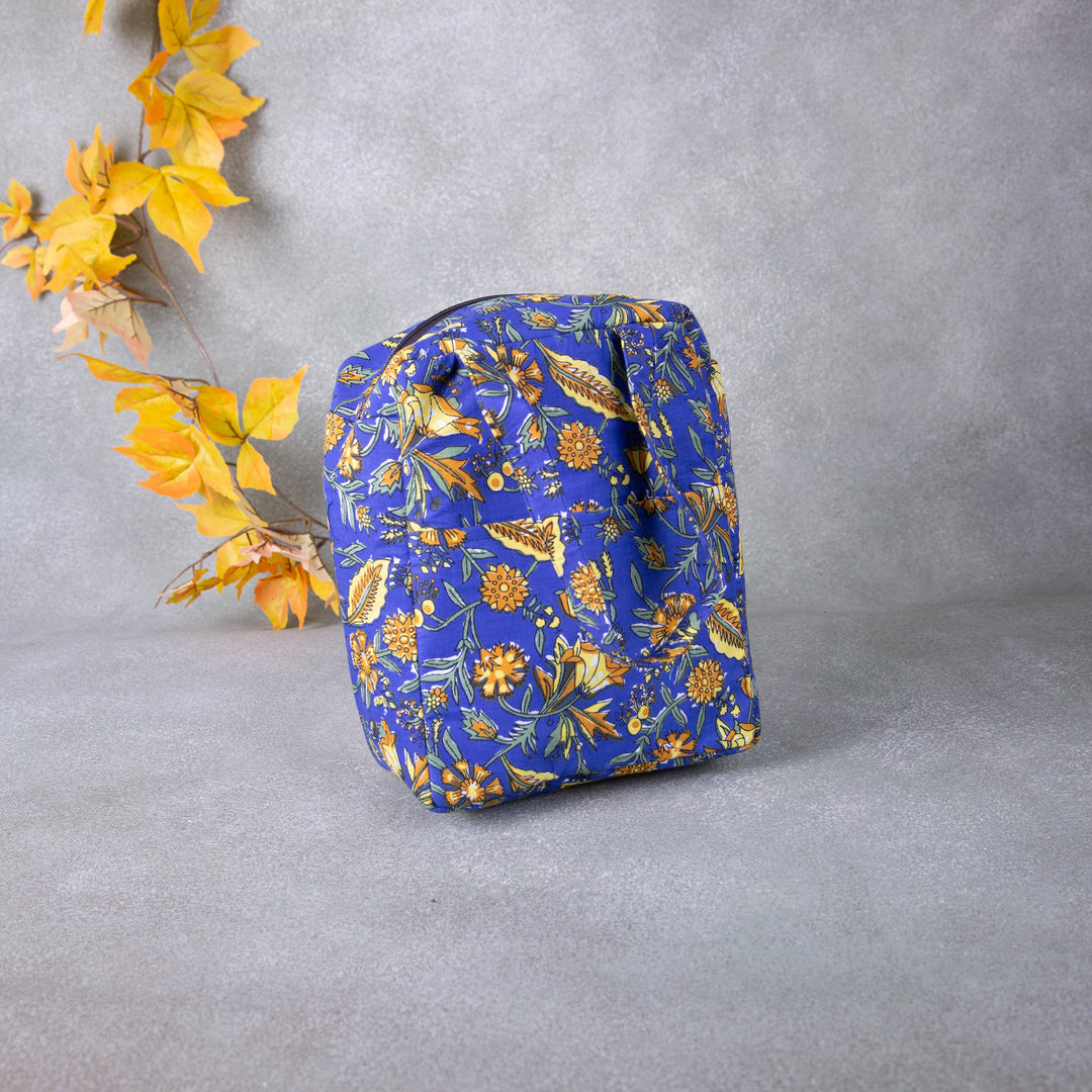 Water Proof Cotton Lunch Bag Blue with Yellow Flower Design.