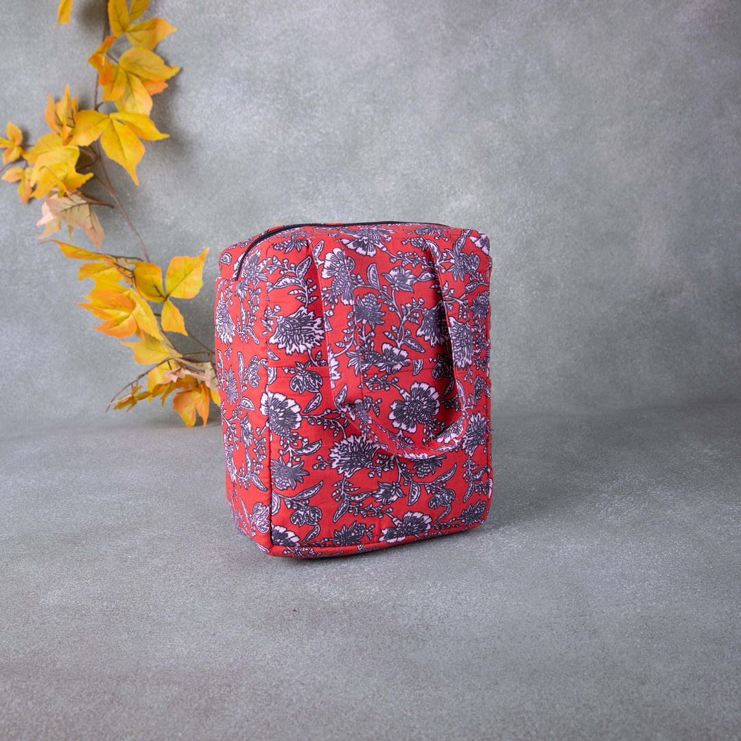 Water Proof Cotton Lunch Bag Red with Grey Flower Design.