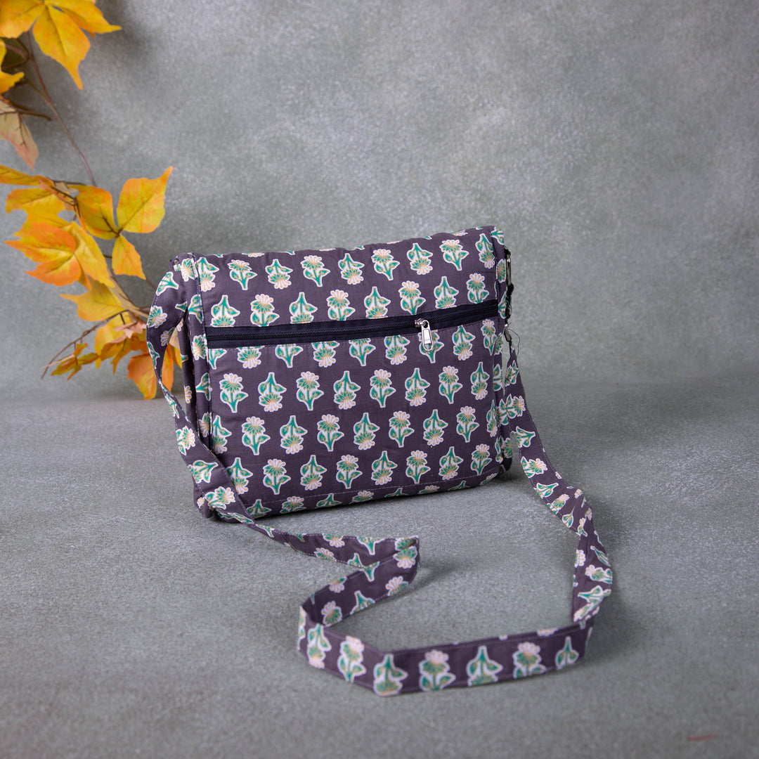 Multizipper Sling 4 Zips Grey with Green Small Flower Design.