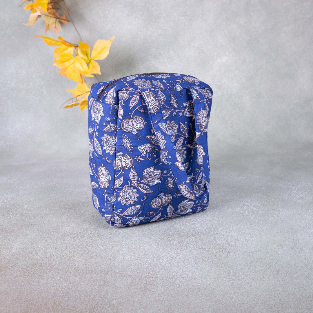 Water Proof Cotton Lunch Bag Blue Colour with Grey Leaf Design.