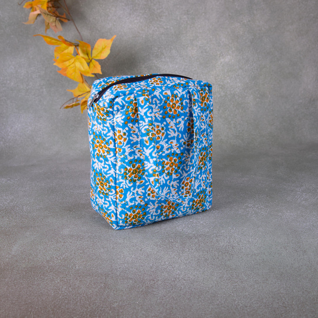 Water Proof Cotton Lunch Bag Blue Colour With Mustered Flower Design.