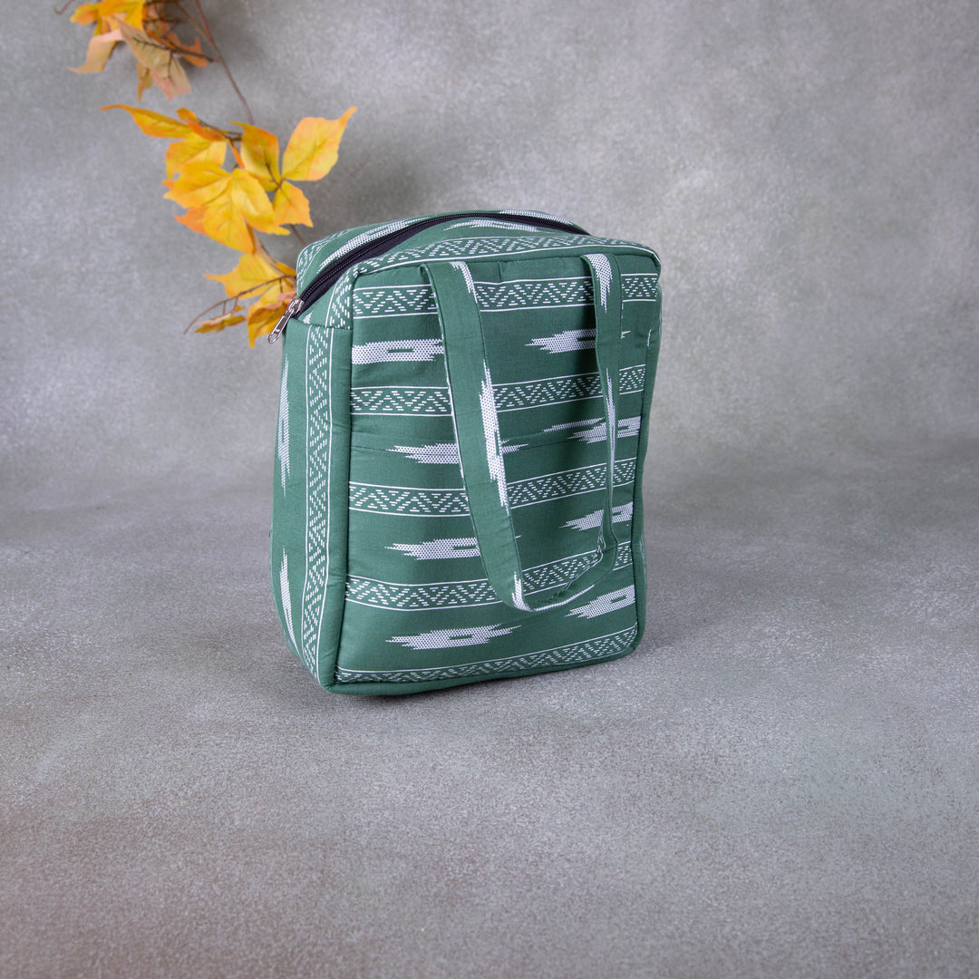 Water Proof Cotton Lunch Bag Green Colour with White Prints.