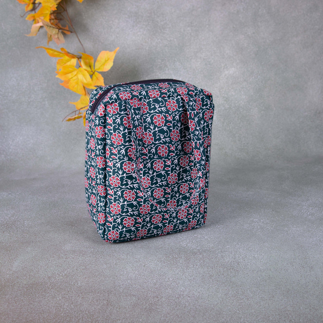 Water Proof Cotton Lunch Bag Green Colour with Red Flower Design