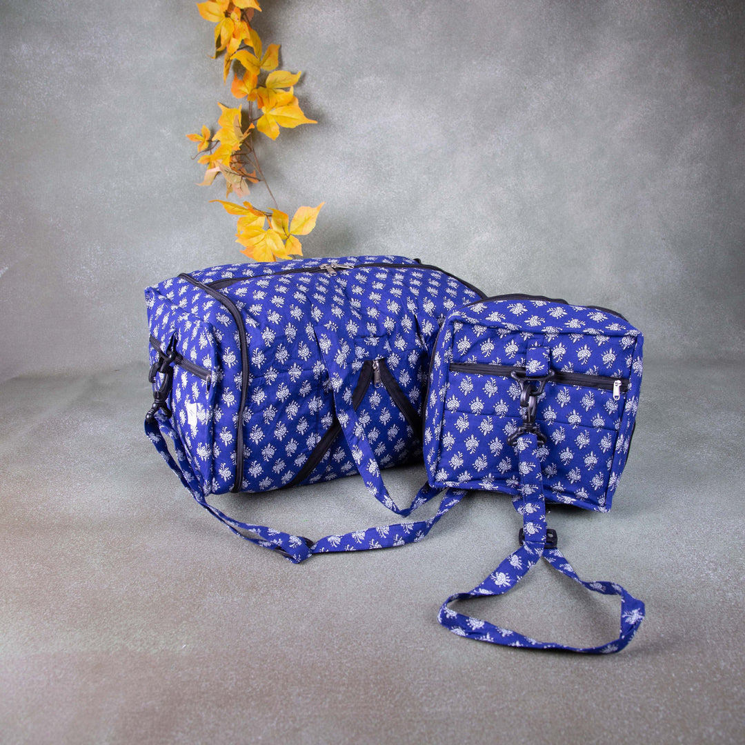 Expandable Travel Bag Blue with Grey Small Flower Design.
