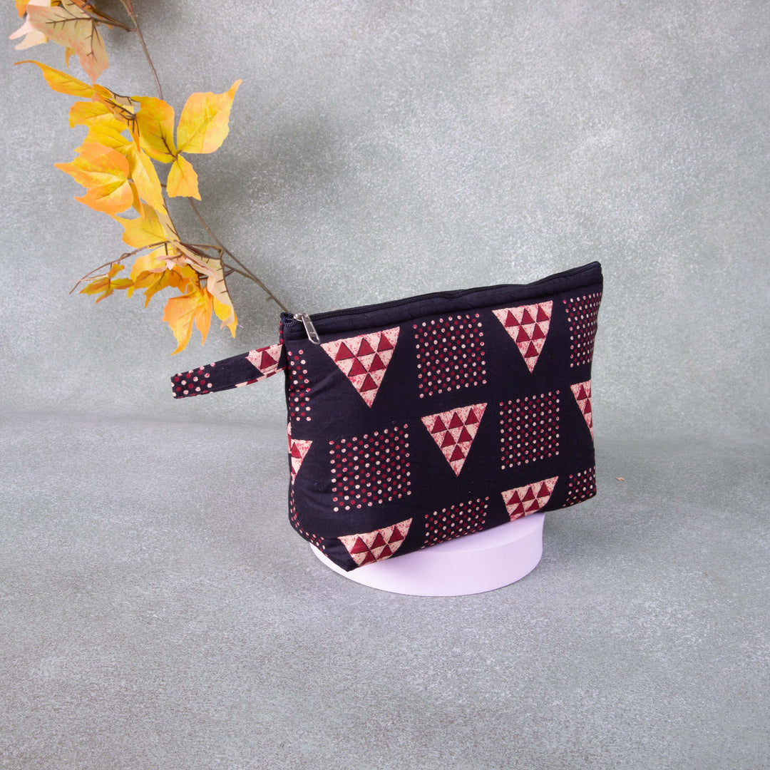 Boat purse Black Colour With Maroon Triangle Design.