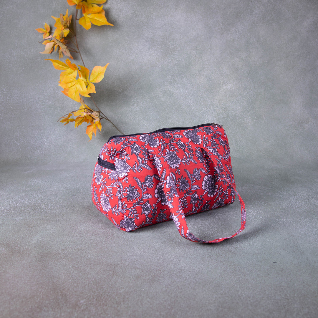 Barrel Handbags Red with Grey Flower Design.