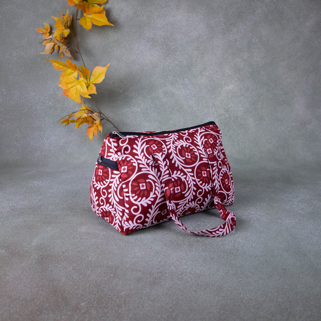 Barrel Handbags Red Colour with White Prints