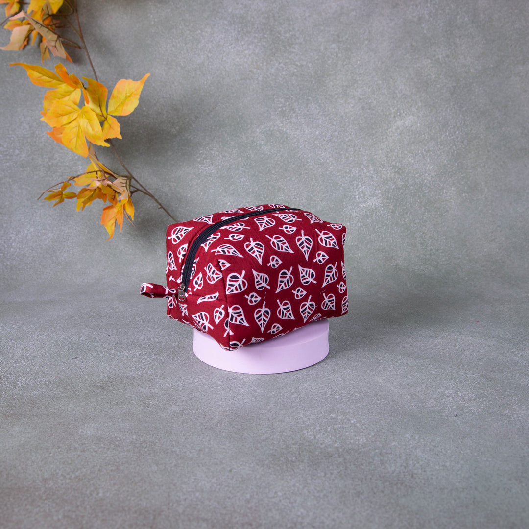 Vanity Pouch Red Colour Leaf Design.