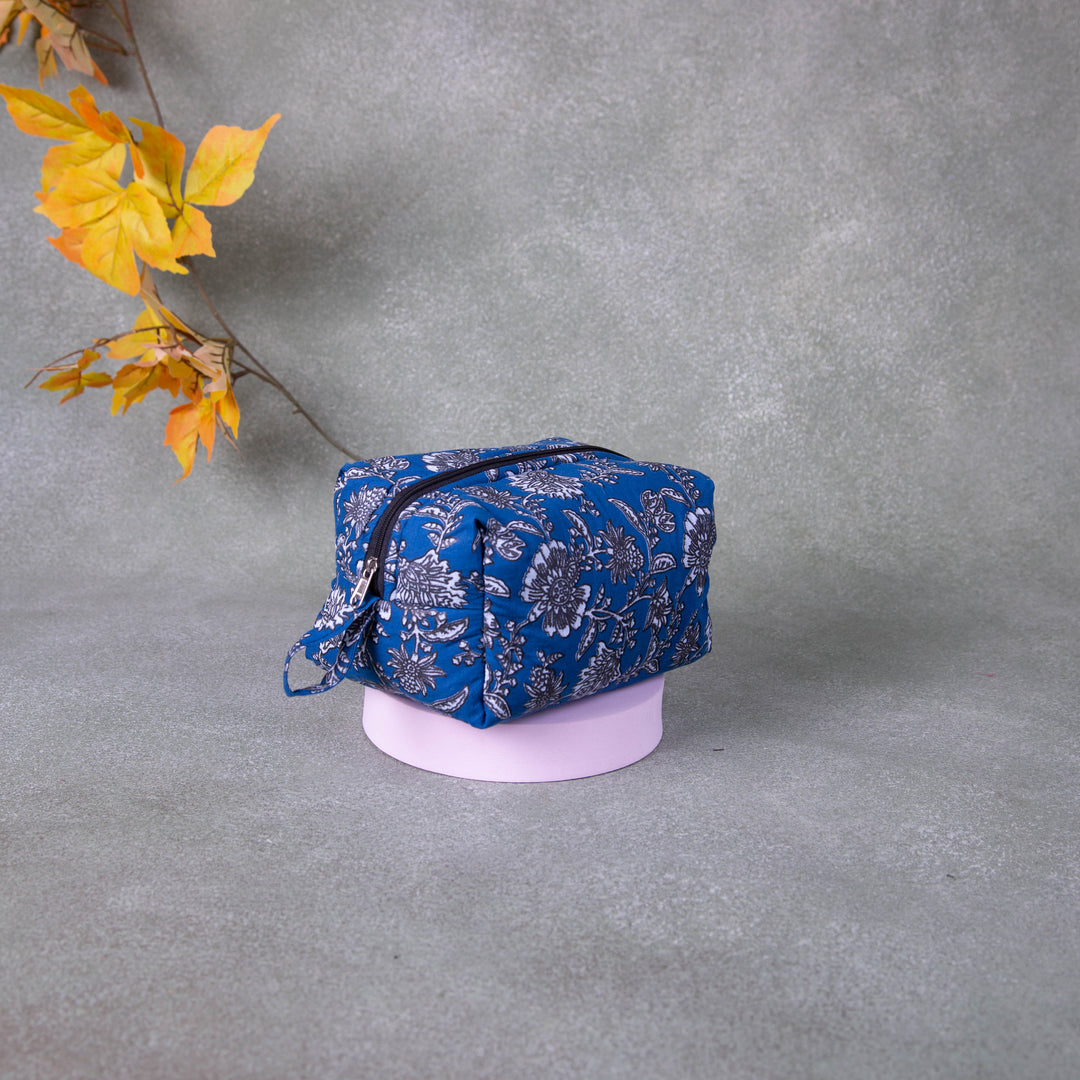 Vanity Pouch Blue Colour with Grey Flower Design.