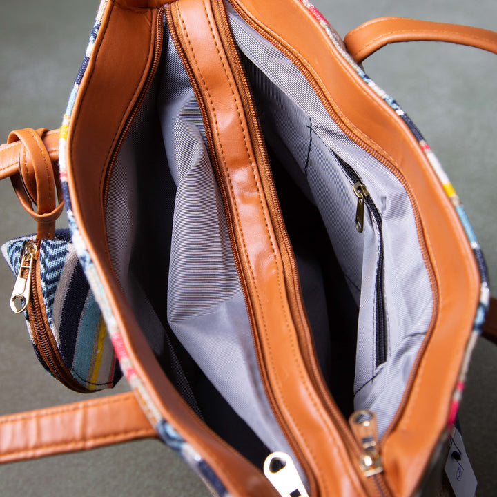 Double Zippered Tote Blue with Pink Colours.