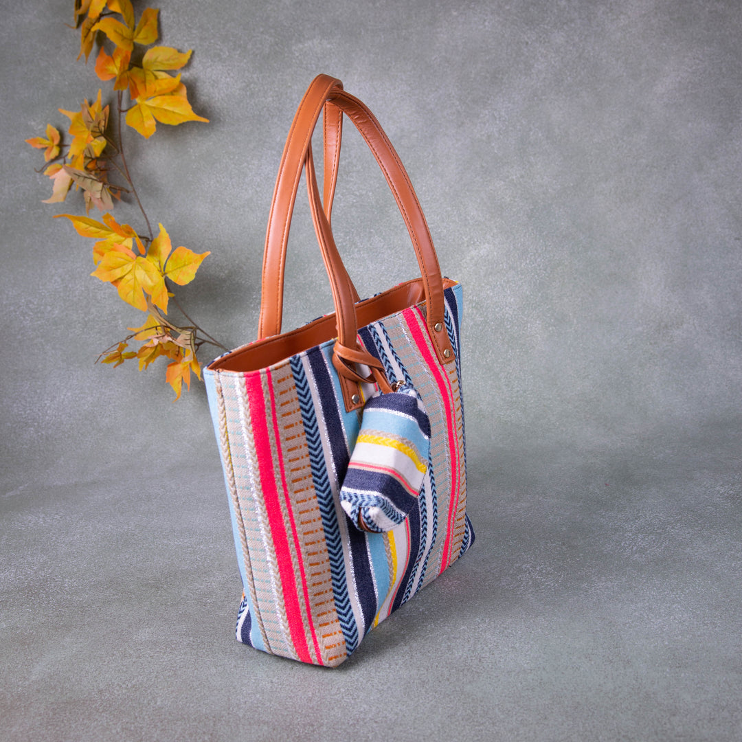 Double Zippered Tote Blue with Pink Colours.