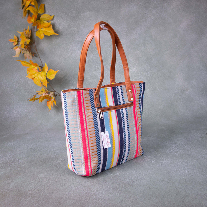 Double Zippered Tote Blue with Pink Colours.