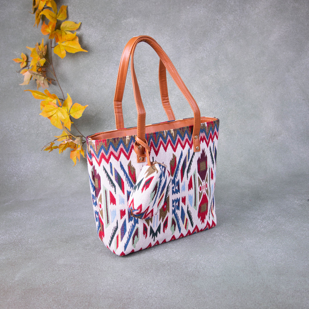 Double Zippered Tote White with Red Zig Zag Design.