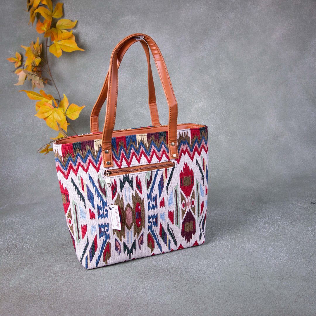 Double Zippered Tote White with Red Zig Zag Design.