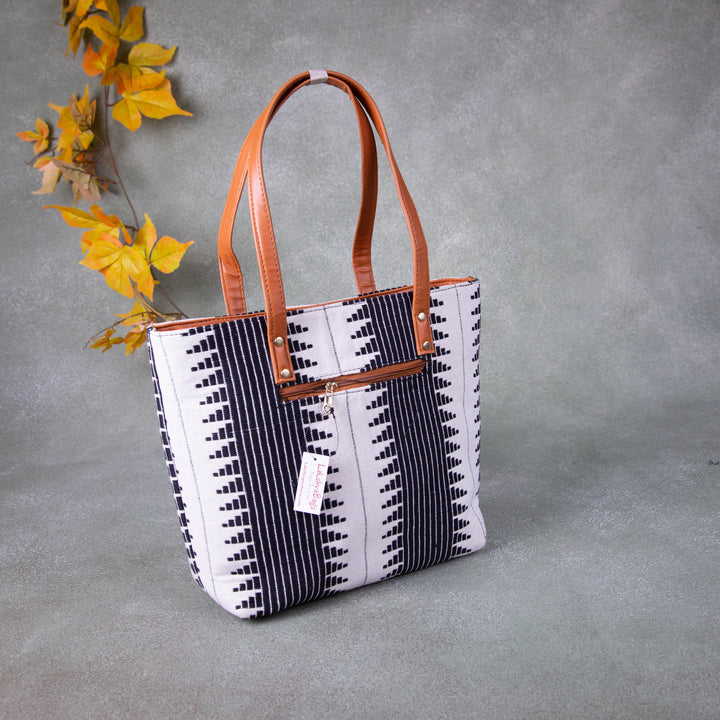 Double Zippered Tote White With Black Colour Prints.
