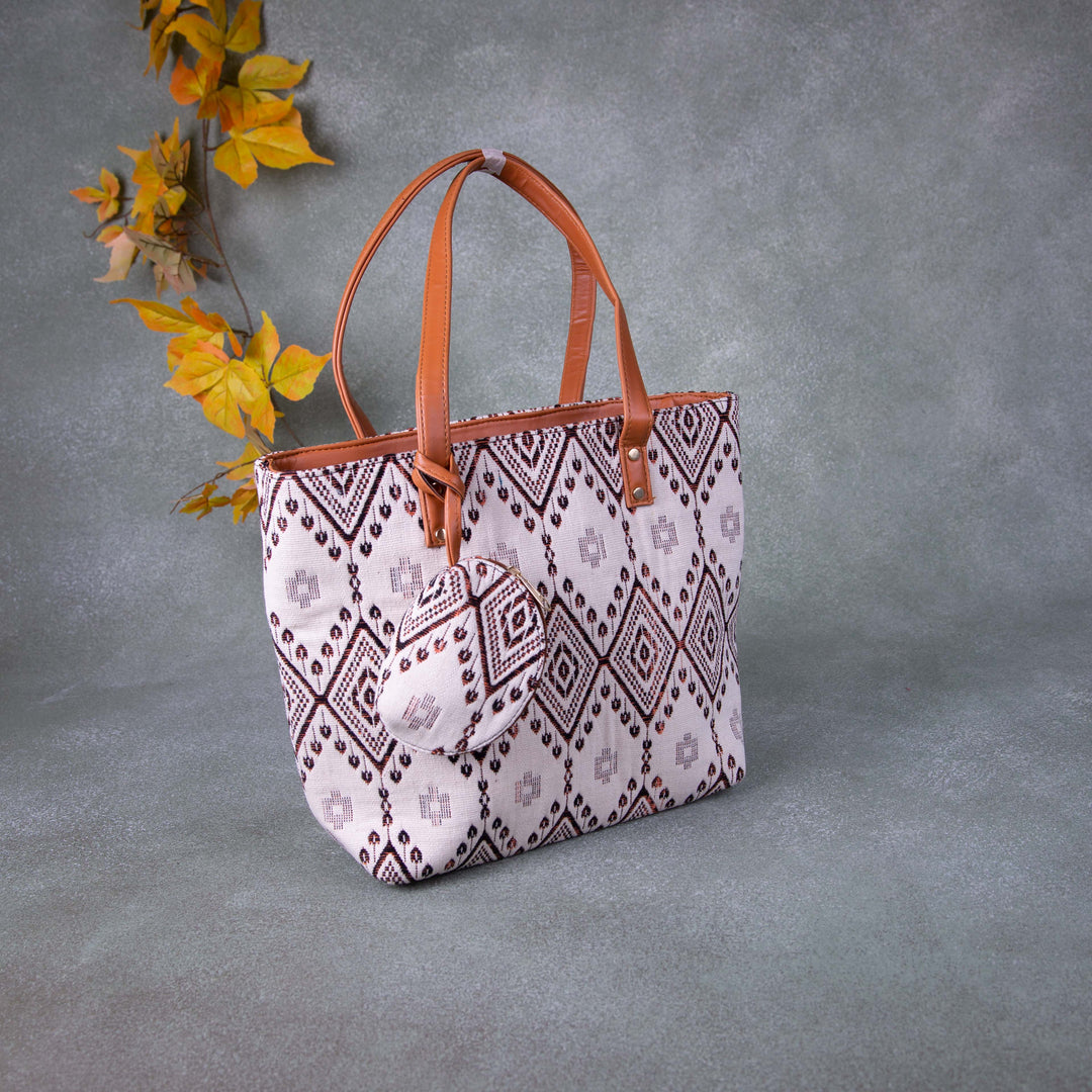 Double Zippered Tote White with Brown Prints.