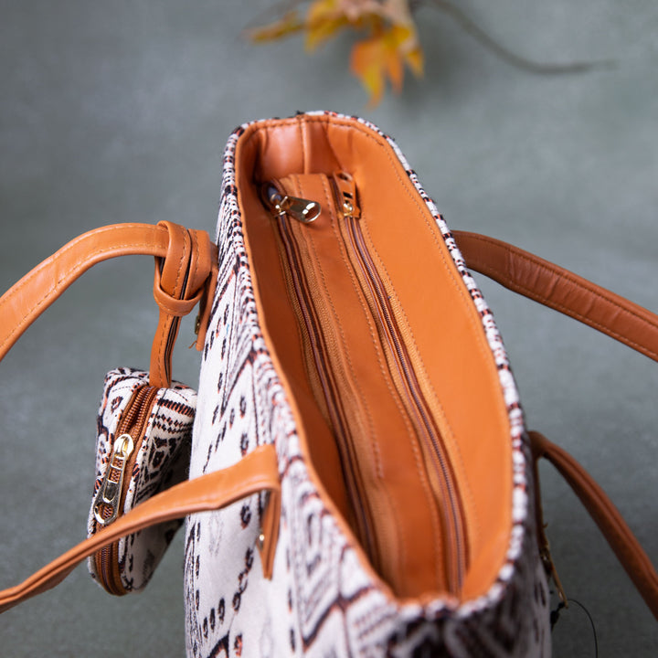 Double Zippered Tote White with Brown Prints.