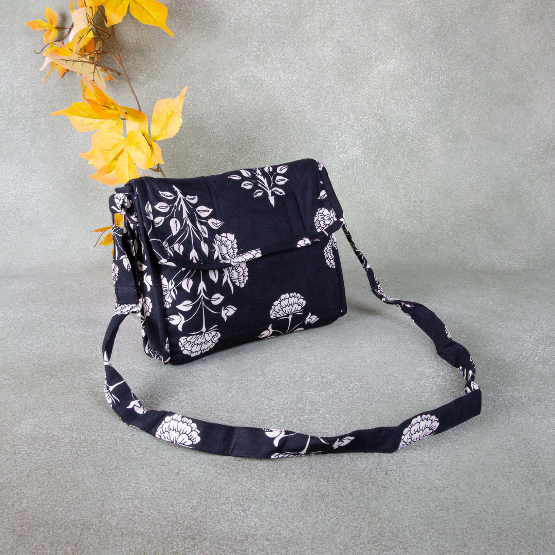 Multizipper Sling 4 Zips Black Colour with Big Flower Design.