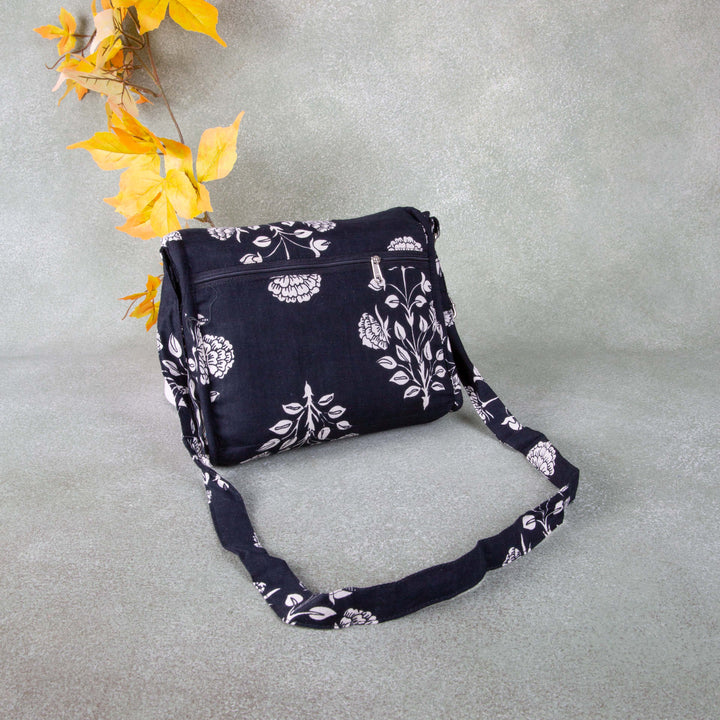 Multizipper Sling 4 Zips Black Colour with Big Flower Design.