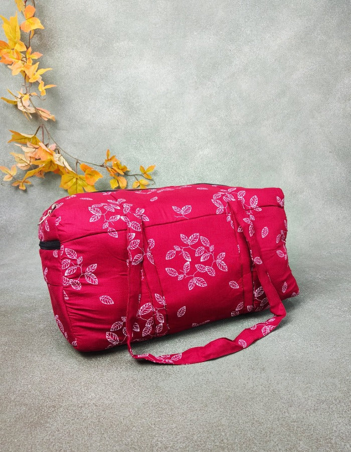 Rectangle Travel Bag Dark Red with White Botanical Floral Prints Design