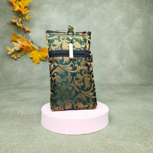 Saree Clip Mobile Pouch Dark Green Floral Prints