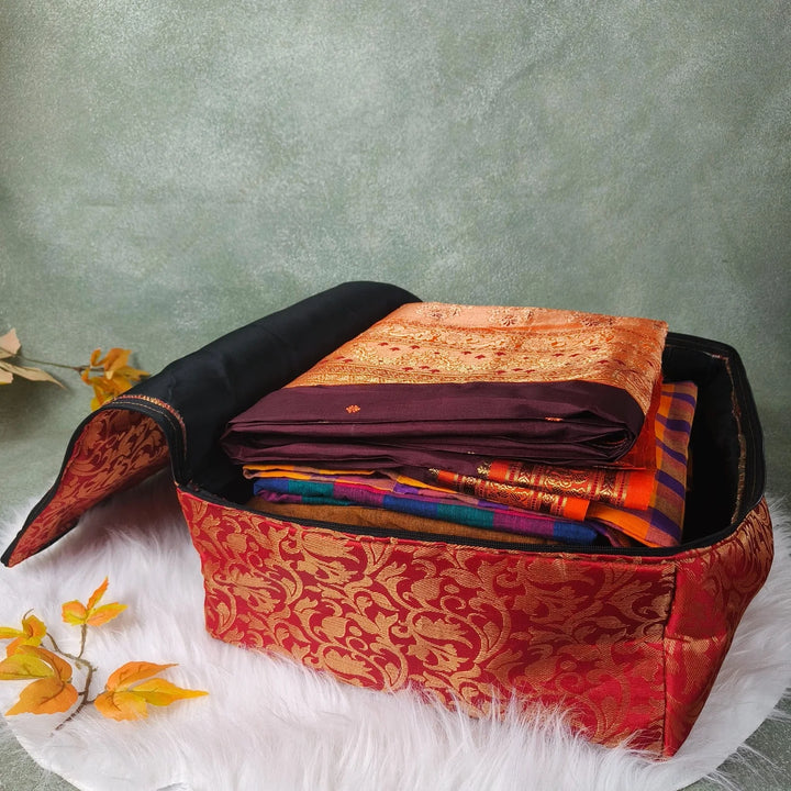 Saree Storage Bags Brown Colour With Golden Colour Small Leaf Design.