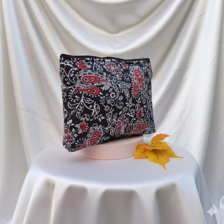 Ghunghroo pouch- Black with red flower print