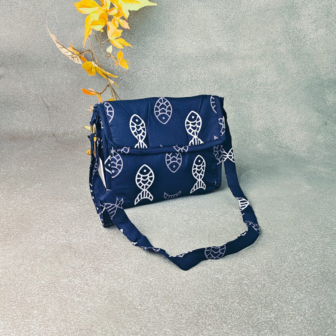 Multizipper Sling 4 Zips Dark Blue Fish Prints Design