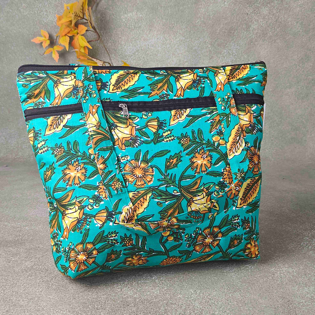 Medium Size Handbag Green Colour with Yellow Leaf Prints