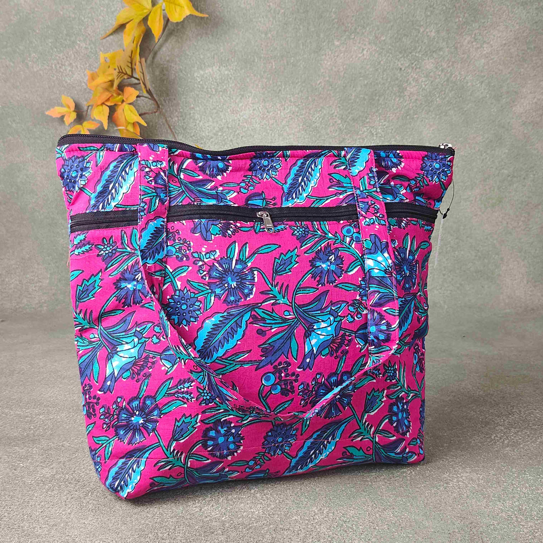 Medium Size Handbag Dark Pink with Blue Flower Leaf Design Prints