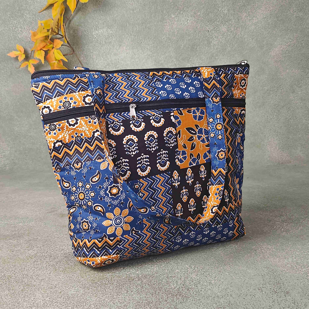 Medium Size Handbag Blue Colour with Multicolour Design Prints