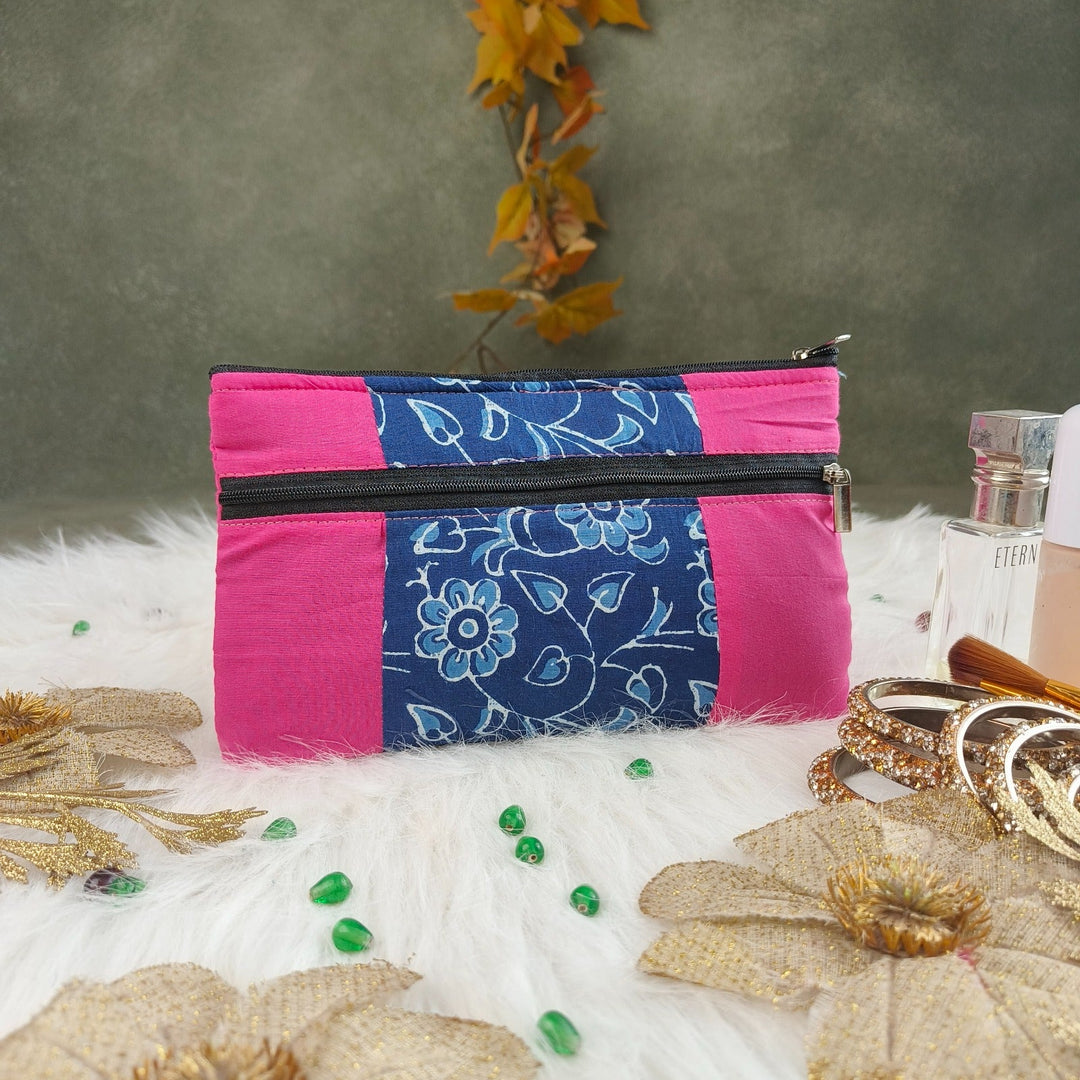 Cotton Multizip Purse Navy Blue with Rose Sunflower Design.