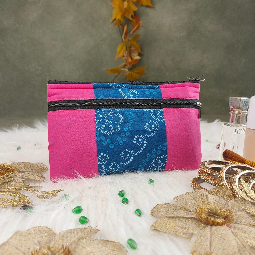 Cotton Multizip Purse Pink with Blue Bandhani Design.