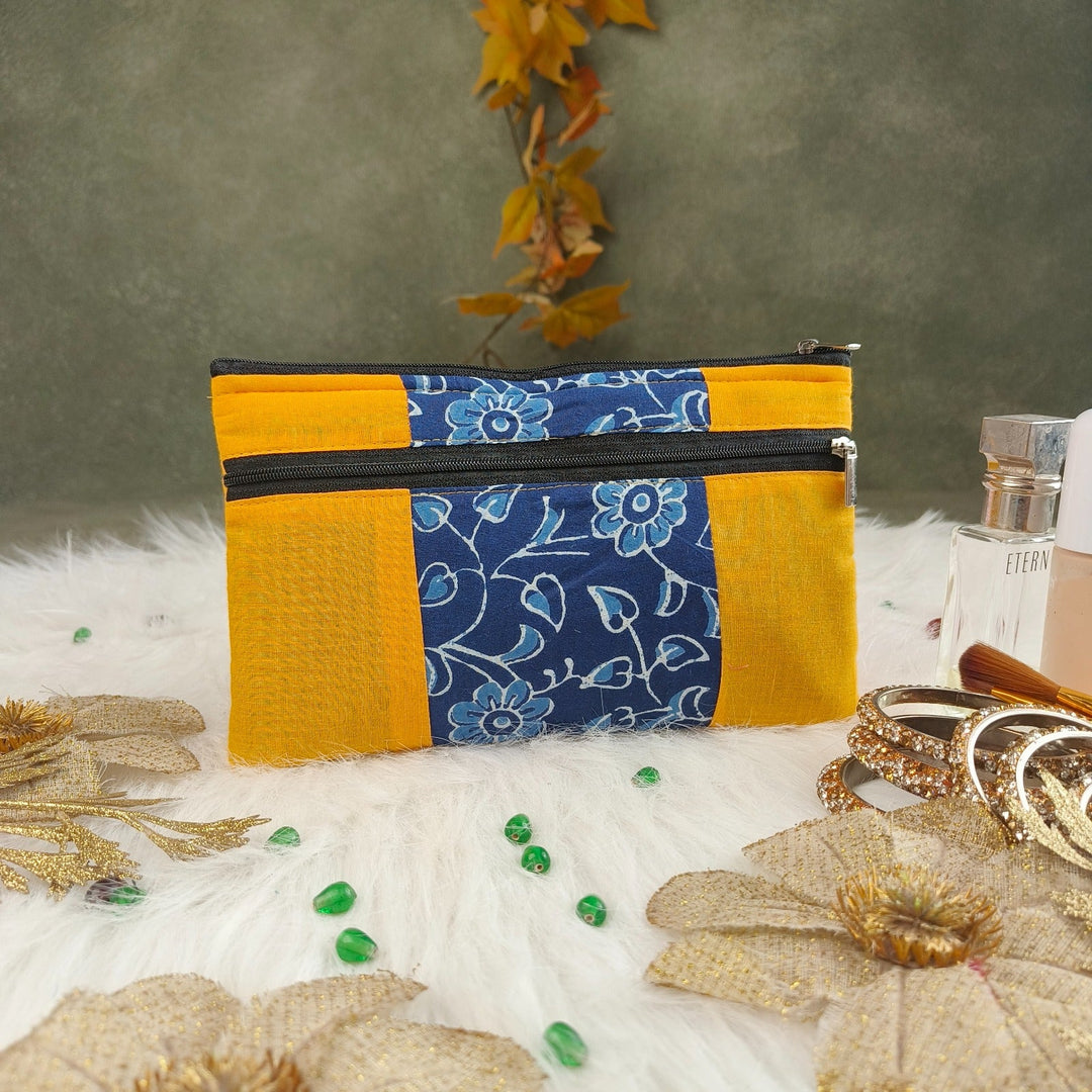 Cotton Multizip Purse Yellow with Blue Flower Prints