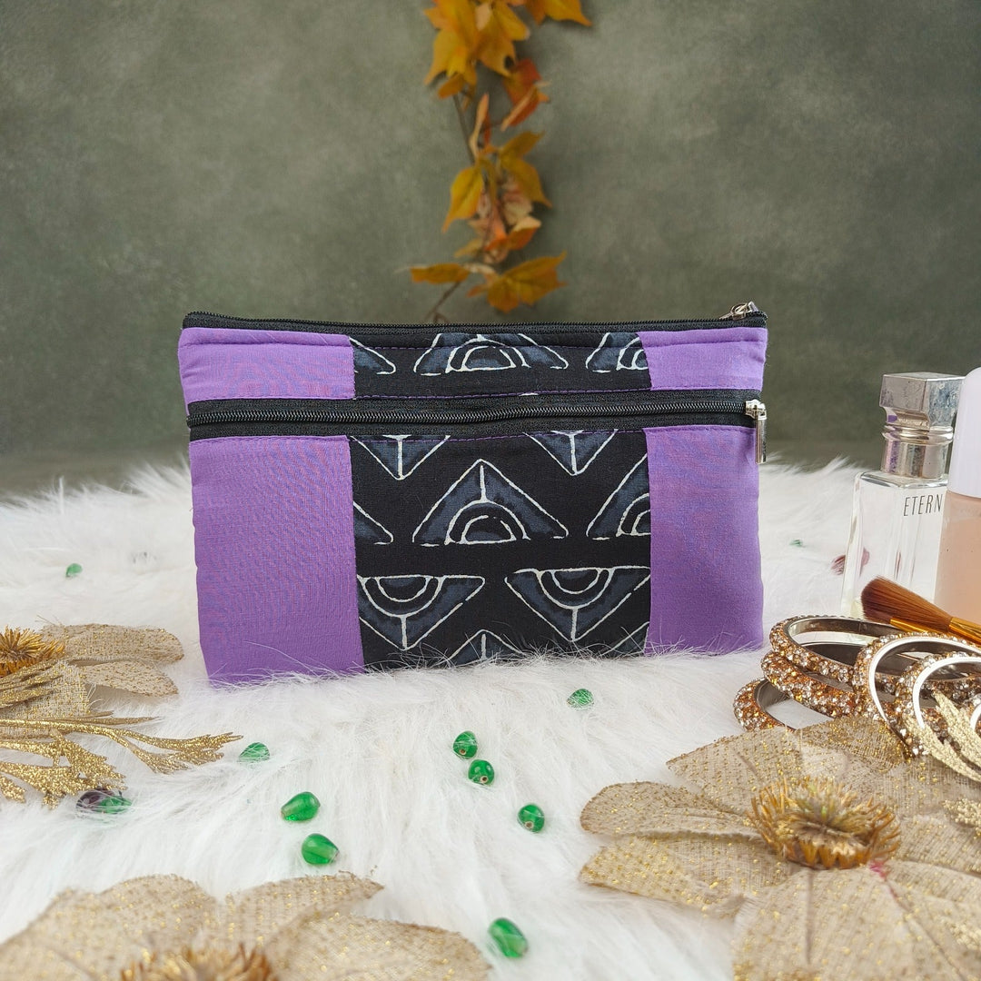 Cotton Multizip Purse Purple with Black Colour Triangle Design