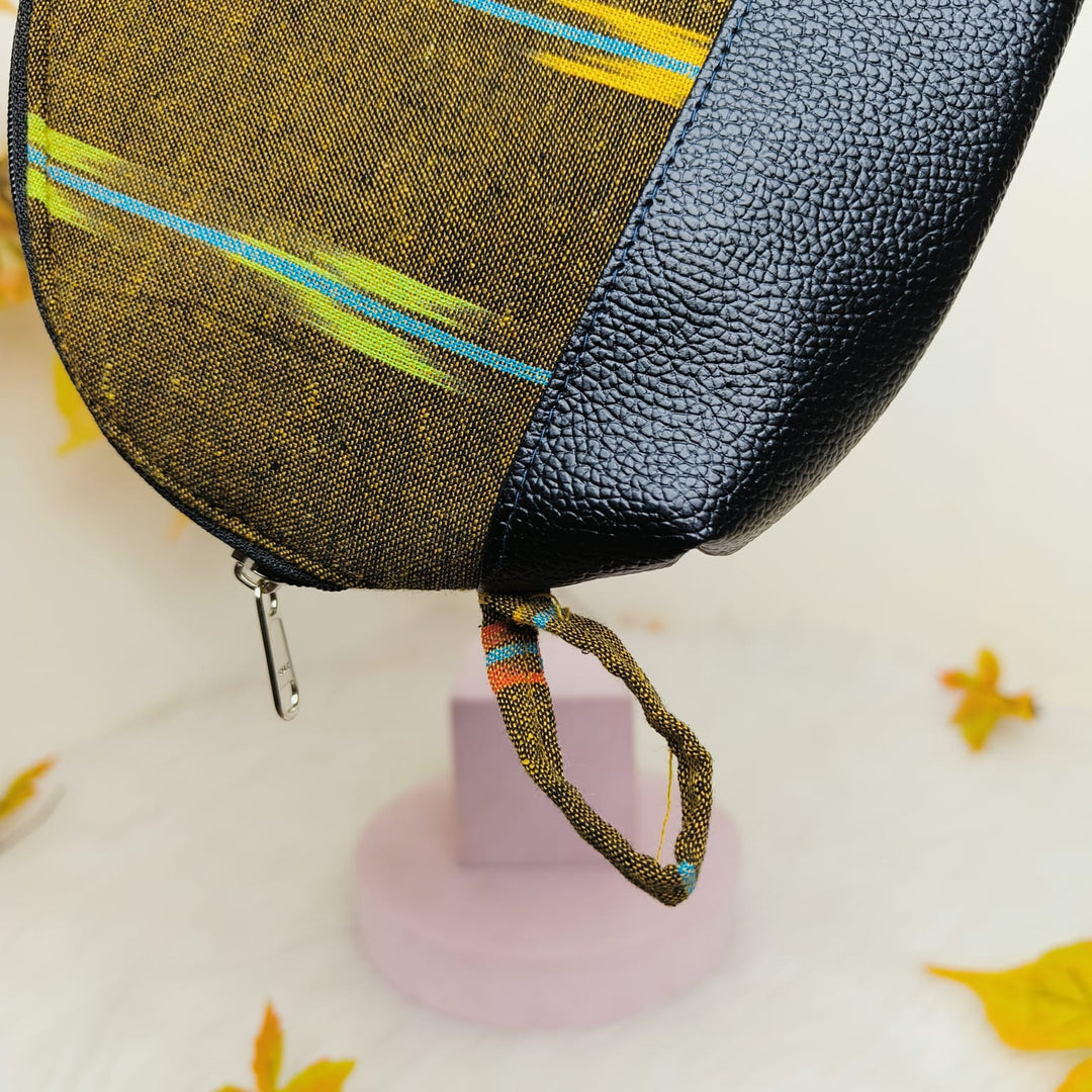 Sarus Crane Series Half Moon Vanity pouch Metal Yellow With Blue Prints