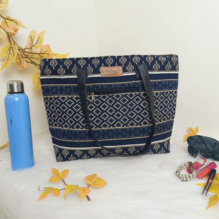 Dual Zip Fusion Tote Navy Blue And Beige Colour Patterns.