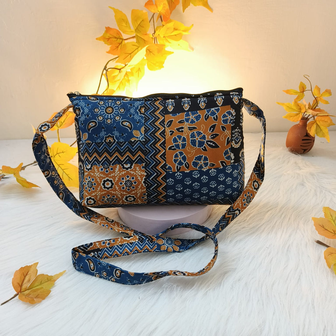 Bristlefront Everyday sling Blue with Yellow Geometric Design.